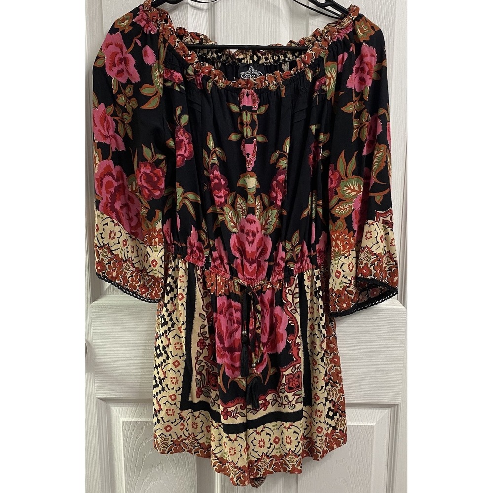 Angie Womens Black&Pink&Ivory Floral Shorts Romper 3/4 Sleeves Boat Neck Sz. S
